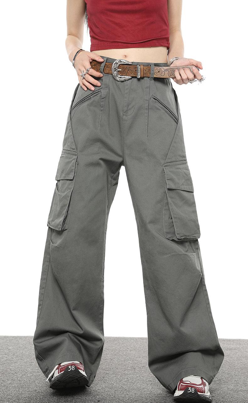 Multi Pocket Loose Casual Straight Wide Leg Pants - Nioor