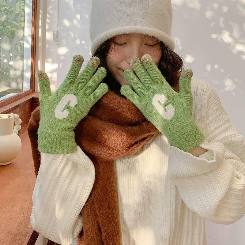 Candy Color Letter C Thick Cute Wool Knitted Warm Gloves - Nioor