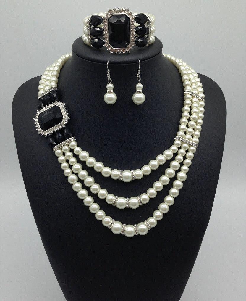 European fashion Diamond Gemstone Pearl Necklace Earrings Set multi bride chain bracelet three piece Necklace - Nioor