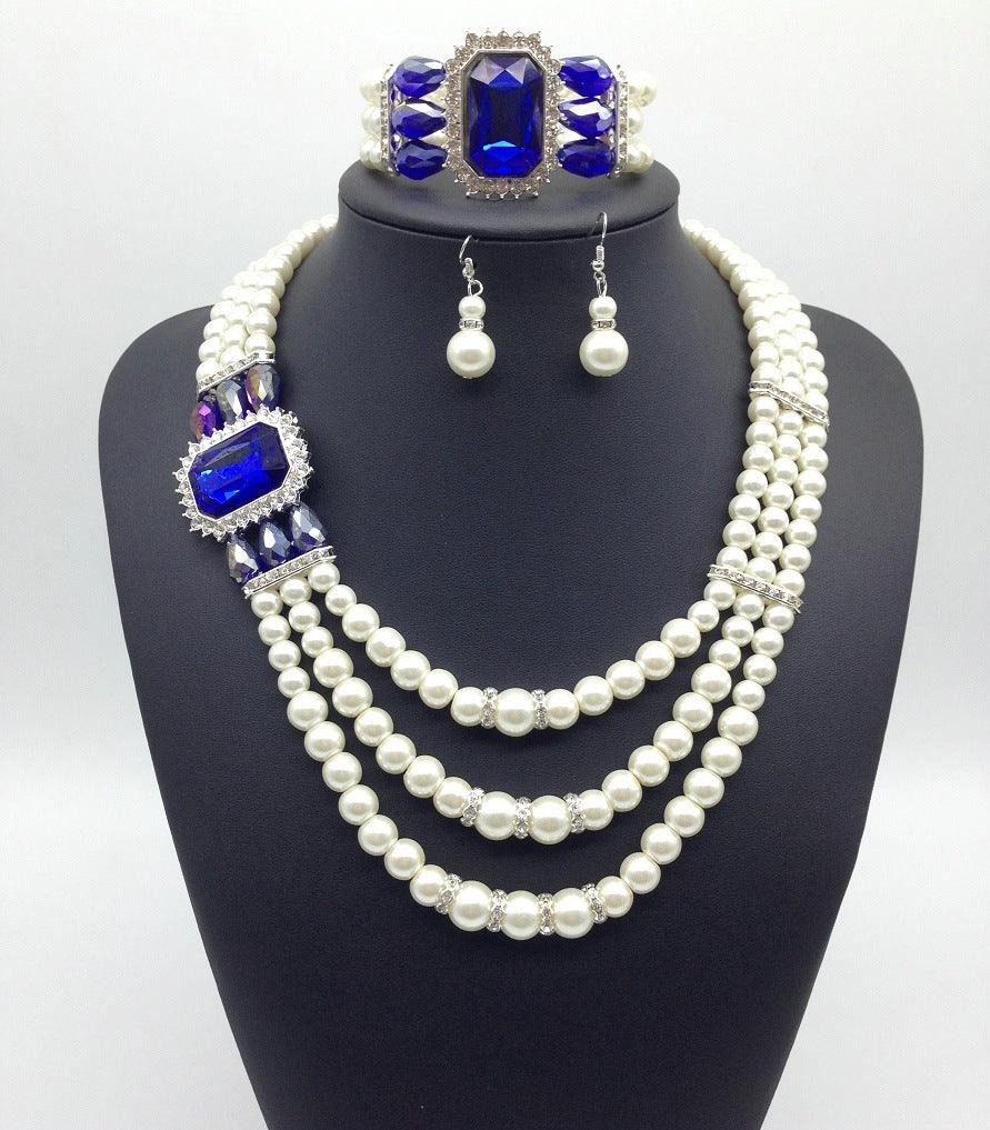 European fashion Diamond Gemstone Pearl Necklace Earrings Set multi bride chain bracelet three piece Necklace - Nioor