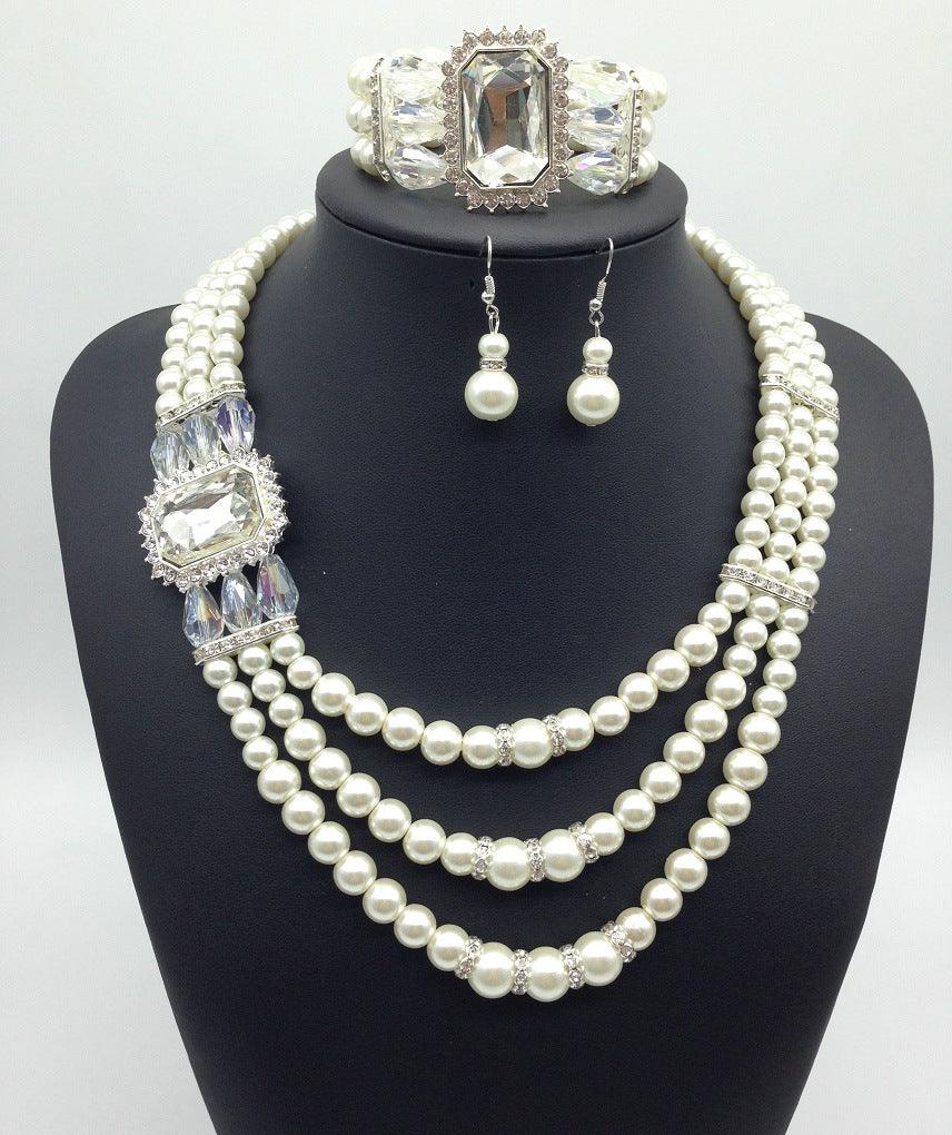 European fashion Diamond Gemstone Pearl Necklace Earrings Set multi bride chain bracelet three piece Necklace - Nioor