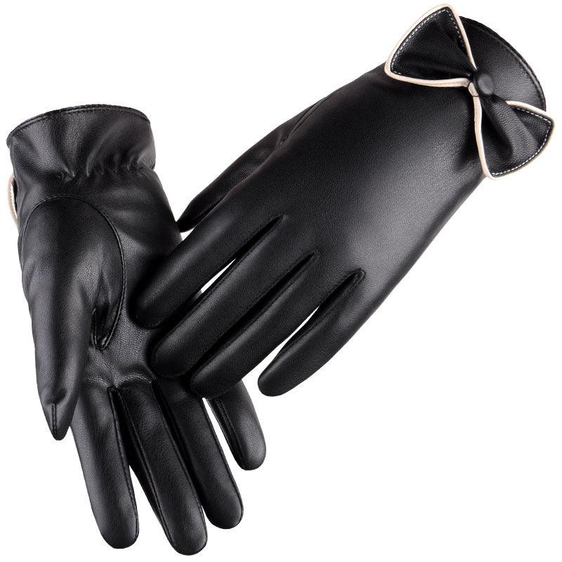 Women's Full-touch Screen PU Leather Warm Cycling Fashion Cute Bow Gloves - Nioor