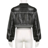 Street Motorcycle Style Letter Print Leather Jacket Women Zipper Cardigan Round Neck Short Jacket - Nioor