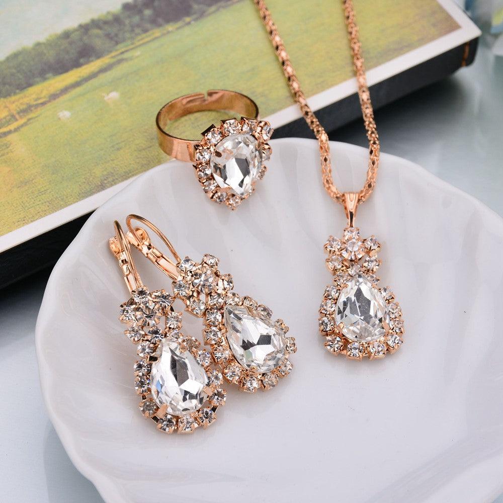 Europe And The United States Personalized Water Drop Color Diamond Necklace, Earrings, Rings Set, Shiny High-end Bridal Jewelry Wholesale - Nioor