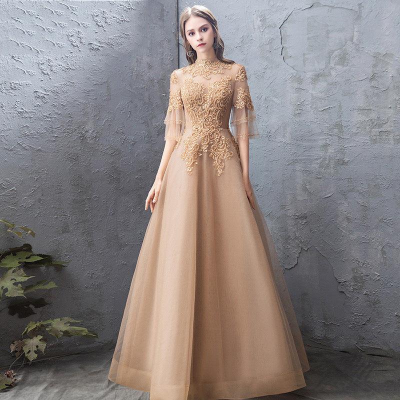 Banquet Evening Dress Female Golden Stand-up Collar Host Annual Party Dress Skirt - Nioor