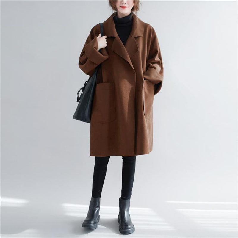 Korean Style Mid-length Woolen Coat For Fat Girls Slimming Trench Coat - Nioor