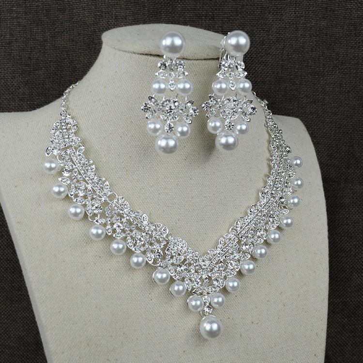 White pearl necklace diamond suit bride wedding accessories hair earrings set 0284 - Nioor