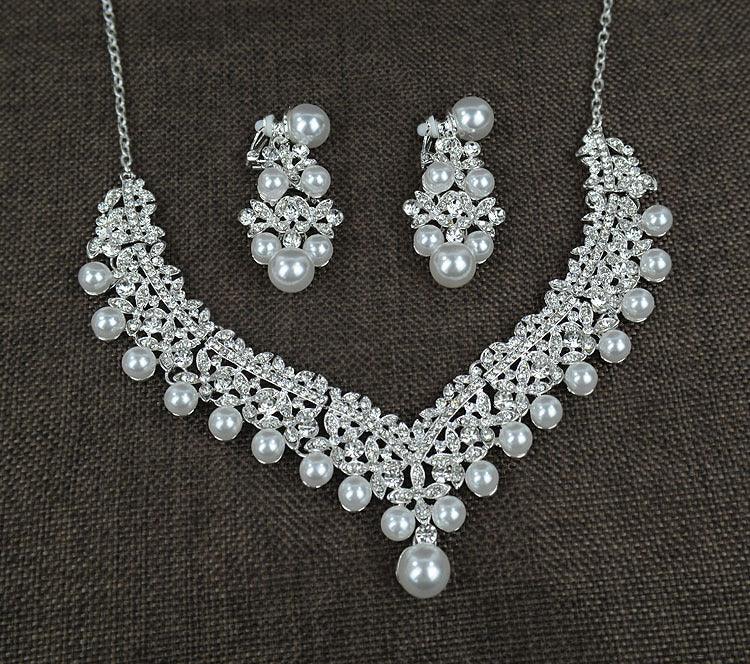 White pearl necklace diamond suit bride wedding accessories hair earrings set 0284 - Nioor