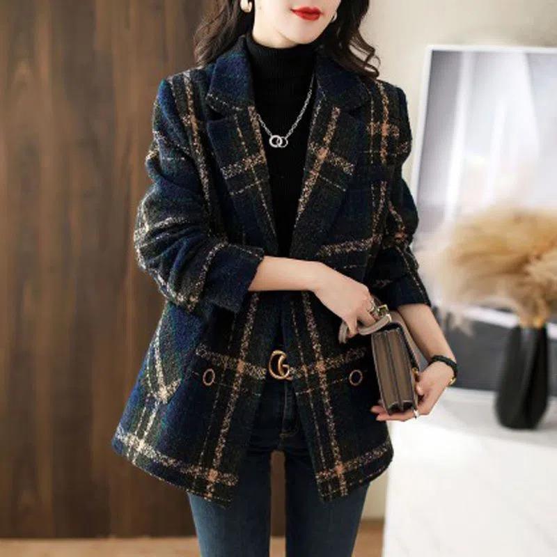Coat Fashion Slimming Retro Plaid Patchwork Wool Female Suit - Nioor