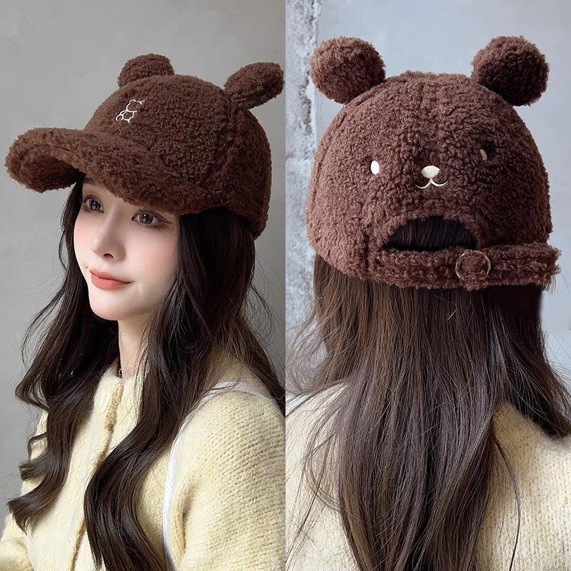 Little Bear Niche Cute Cartoon Autumn And Winter Lamb Fur Peaked Cap - Nioor