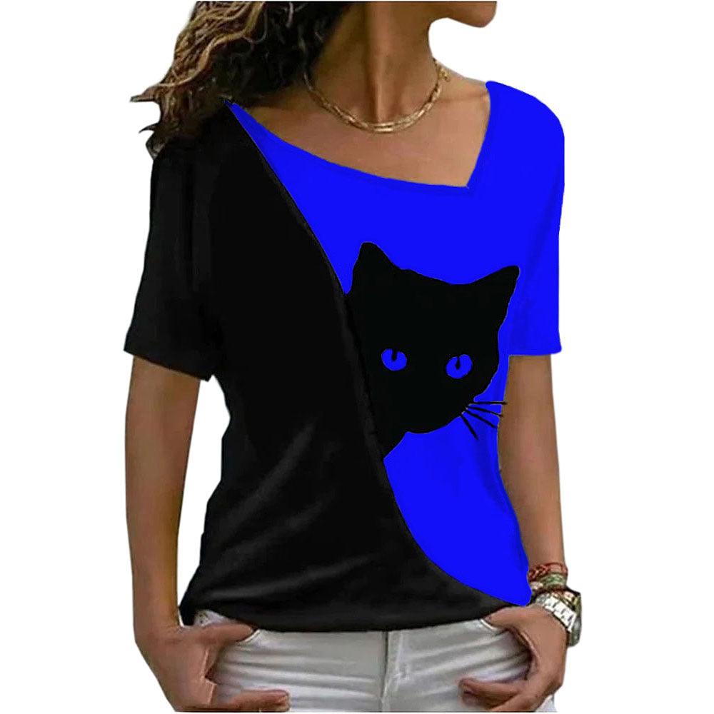 Women's Cat Printing Top Short Sleeve - Nioor