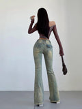 Women's American-style Rivet Wear High Waist Flared Jeans - Nioor