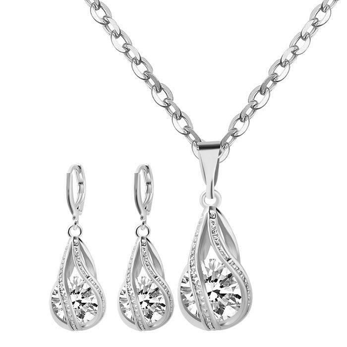 S163 Korean simple zircon jewelry set Silver Drop Necklace Earrings set new bride wedding - Nioor