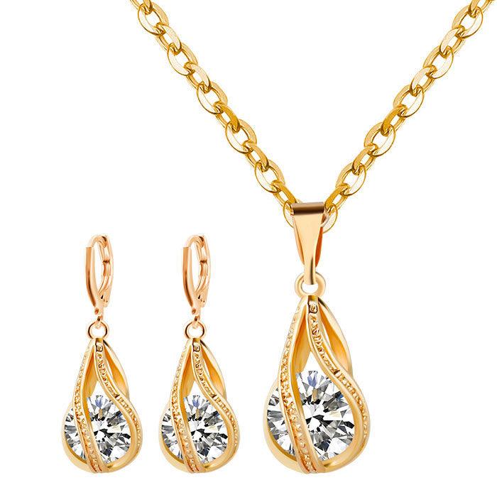 S163 Korean simple zircon jewelry set Silver Drop Necklace Earrings set new bride wedding - Nioor