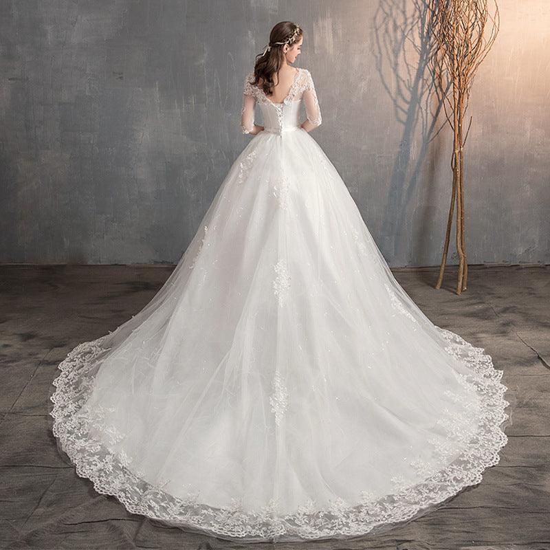 Wedding Dress Trailing Deep V Neck Lace High Waist Wedding Dress Long Sleeves - Nioor