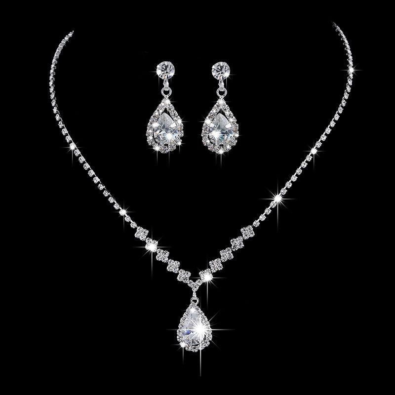 Full Rhinestone Zircon Water Drop Necklace Earrings Jewelry Set - Nioor