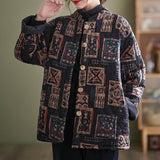 Ethnic Style Vintage Printed Quilted Stand Collar Jacket Winter Thick Cotton Coat - Nioor