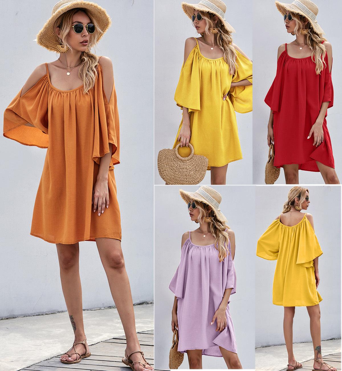 Casual Bell Sleeve Off-shoulder Dress - Nioor