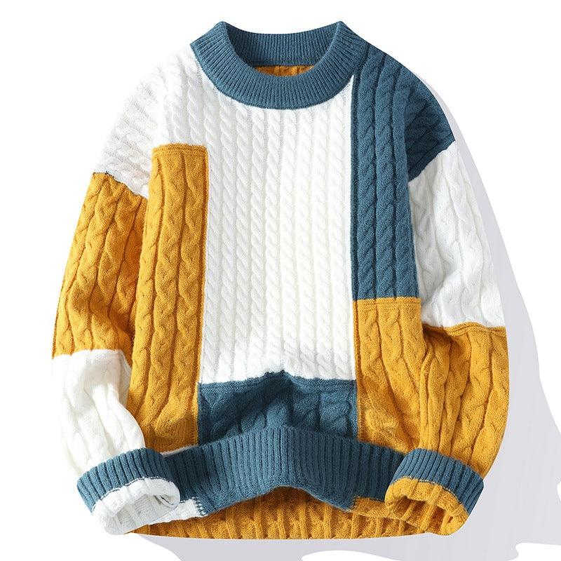 Men's Crew Neck Pullover Sweater Color Contrast Patchwork - Nioor