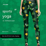 Digital Printed Green Leaf Elastic Slim Fit Running Pants Yoga Pants - Nioor