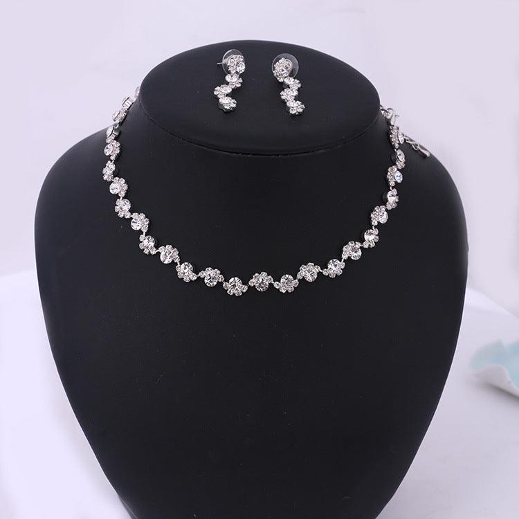 Simple diamond earrings necklace set bride Korean party dress wedding jewelry accessories - Nioor