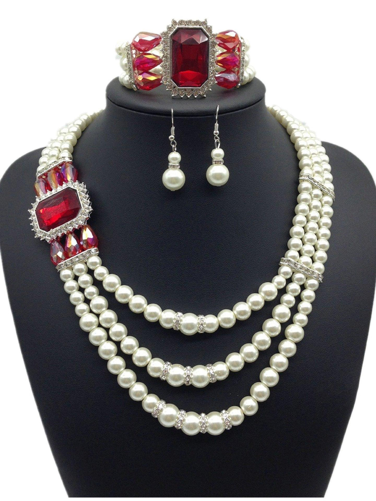 European fashion Diamond Gemstone Pearl Necklace Earrings Set multi bride chain bracelet three piece Necklace - Nioor