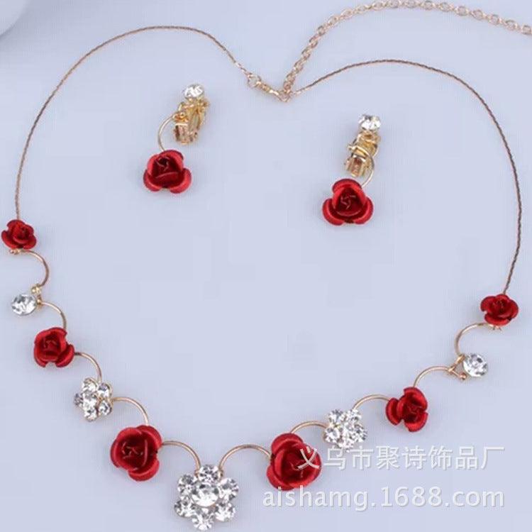 Korean small clear new bride red rose necklace, earrings, suit dress and accessories wholesale - Nioor