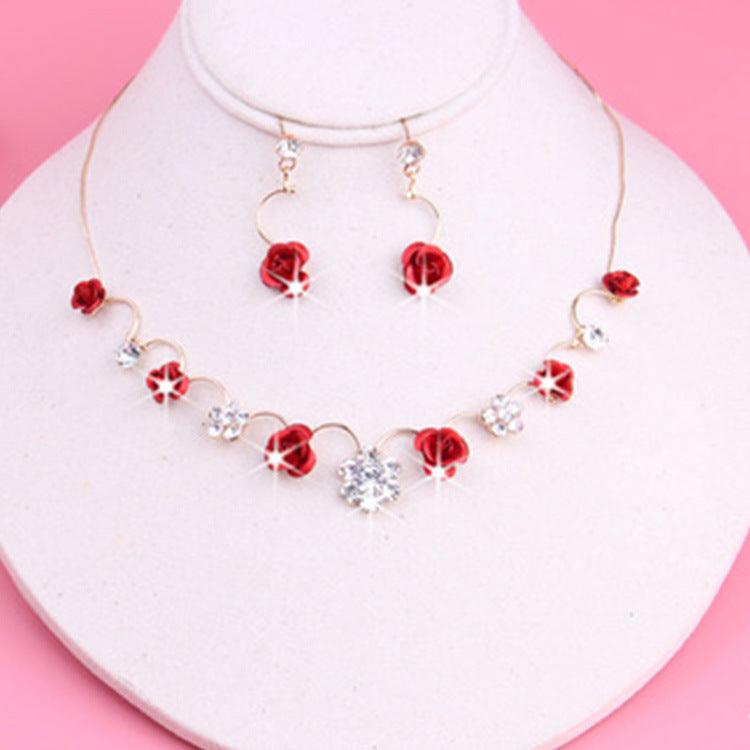 Korean small clear new bride red rose necklace, earrings, suit dress and accessories wholesale - Nioor