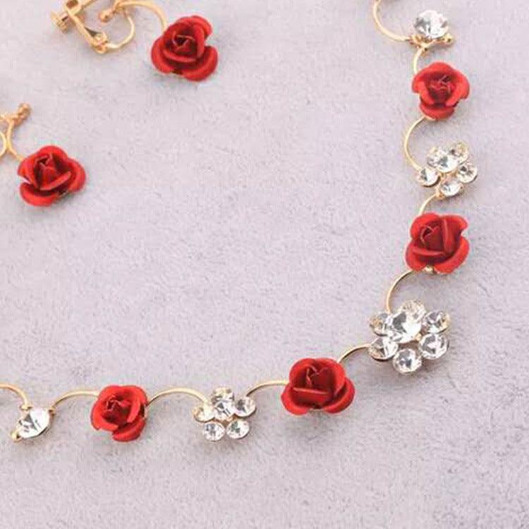 Korean small clear new bride red rose necklace, earrings, suit dress and accessories wholesale - Nioor