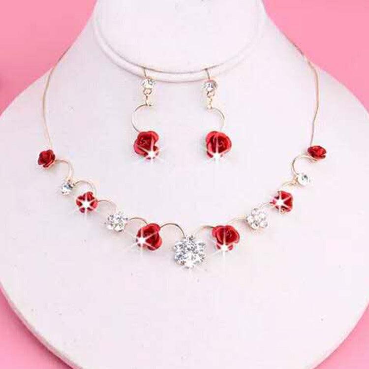 Korean small clear new bride red rose necklace, earrings, suit dress and accessories wholesale - Nioor