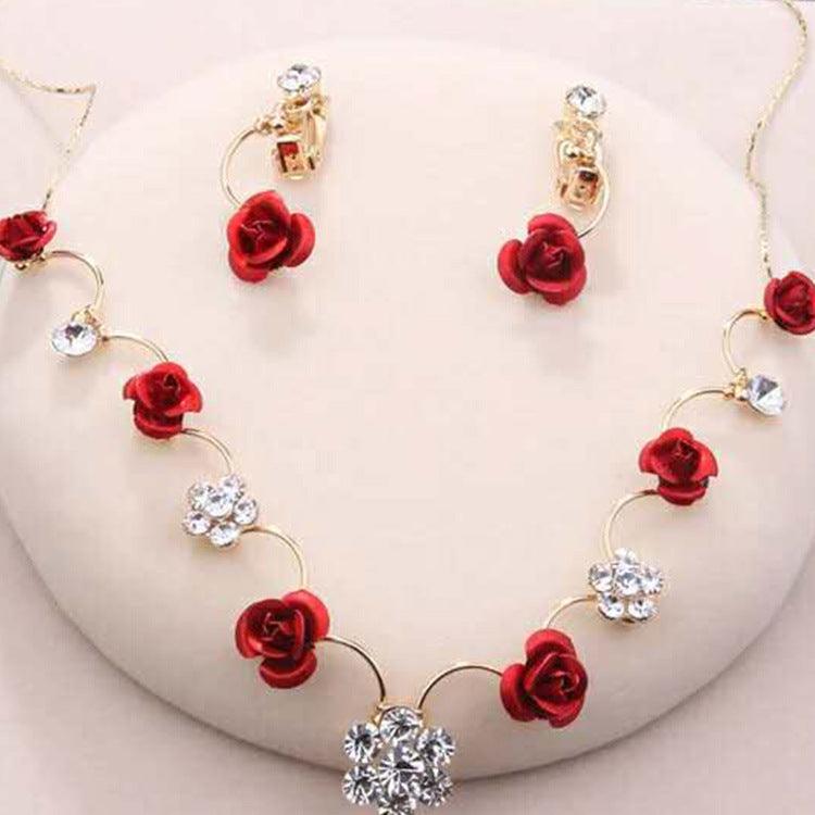 Korean small clear new bride red rose necklace, earrings, suit dress and accessories wholesale - Nioor