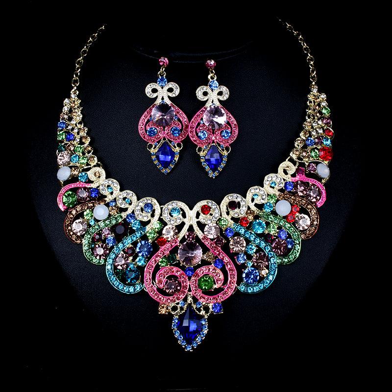 Fast selling explosion, Middle East, Europe and America, colorful exaggerated bride necklace, earring set, alloy color plating - Nioor