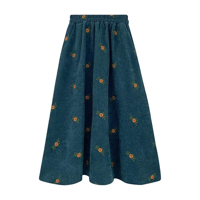 Women's Ancient Corduroy Embroidered Skirt Overknee Dress - Nioor