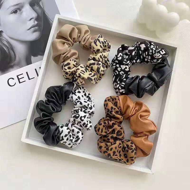 Leopard Print Leather Stitching New Color Block Large Intestine Hair Ring - Nioor