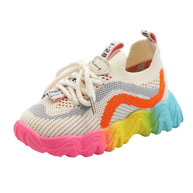 Children's Shoes Fashion Flying Woven Colorful Sole Sneakers Breathable Middle And Small Children's Old Shoes - Nioor