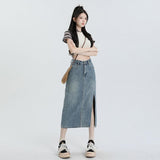 Women's Orange Silk Split Denim Skirt For Hot Girls Summer High Waist - Nioor