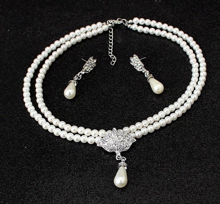 European and American foreign trade big wedding bride jewelry pearl crystal diamond necklace earrings set CMT087 - Nioor