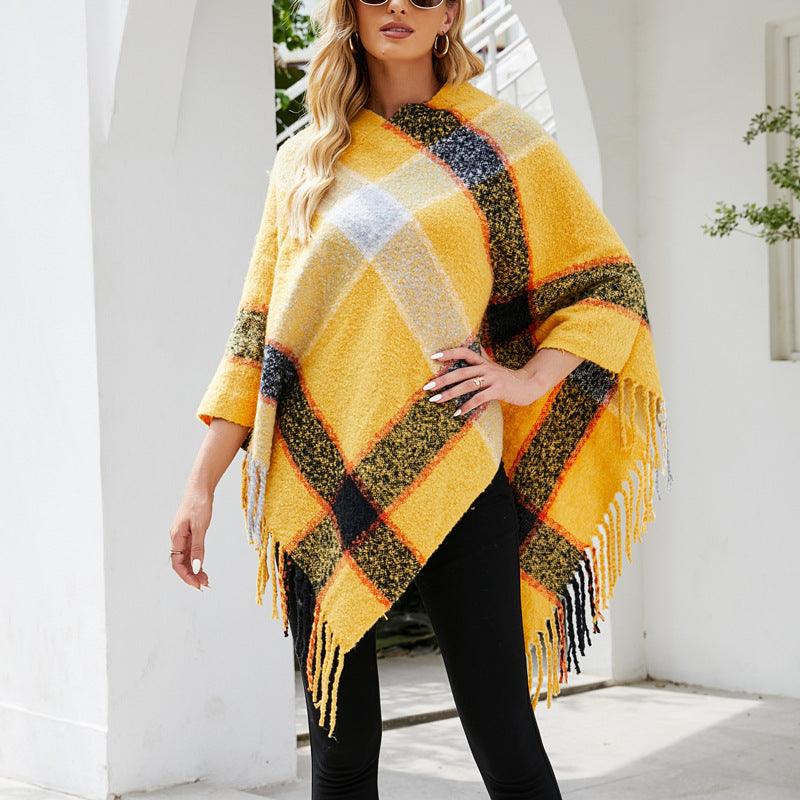 Cashmere Contrast Color Striped Cape Knitted Tassel Scarf - Nioor