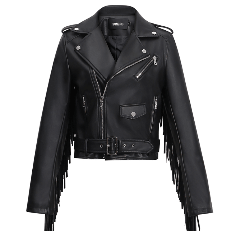 New Women's Tassel Short Slim Leather Jacket Motorcycle - Nioor