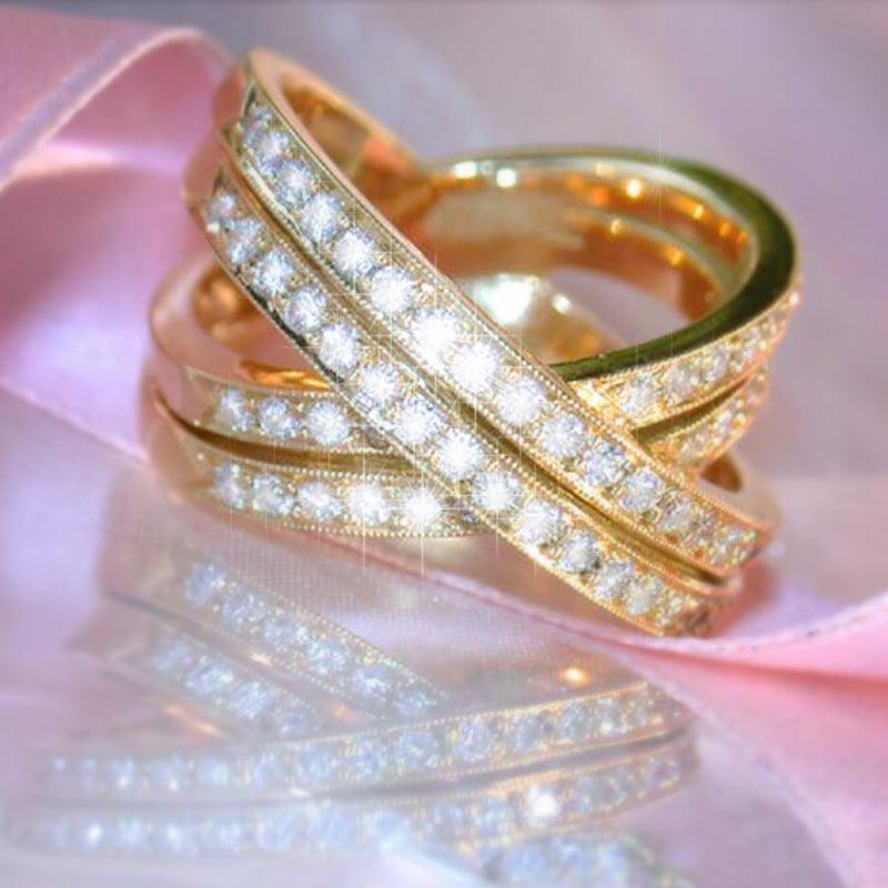 Luxury Women's Ring Double Row Cross Inlaid Zircon Party Copper Ring Jewelry - Nioor