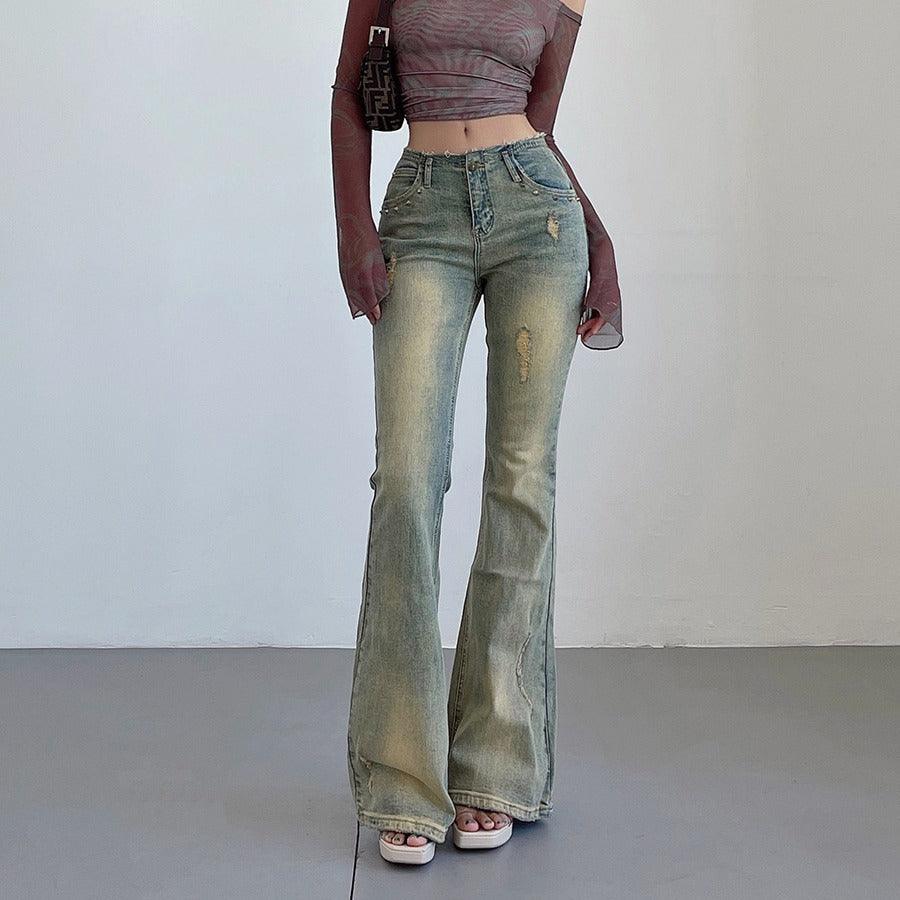 Women's American-style Rivet Wear High Waist Flared Jeans - Nioor