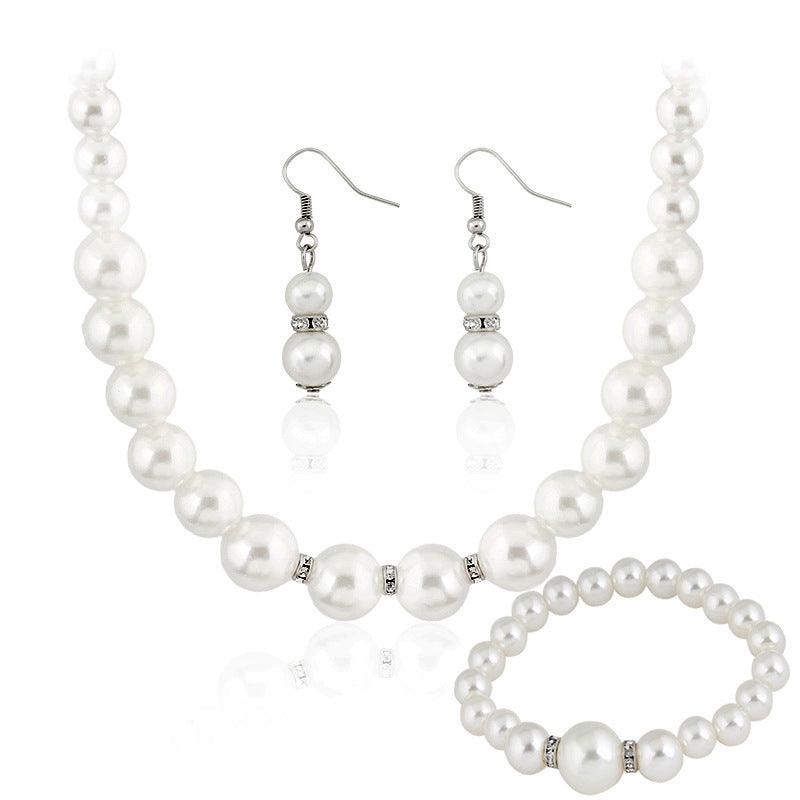 Three-piece Pearl Necklace Earrings And Bracelet - Nioor