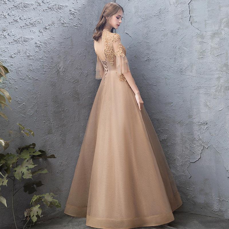 Banquet Evening Dress Female Golden Stand-up Collar Host Annual Party Dress Skirt - Nioor