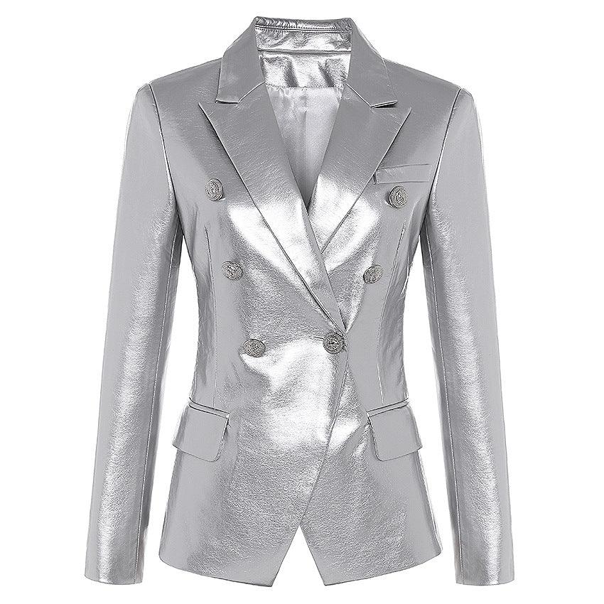 Double-breasted Shiny Silver Synthetic Leather Slim Suit Jacket - Nioor