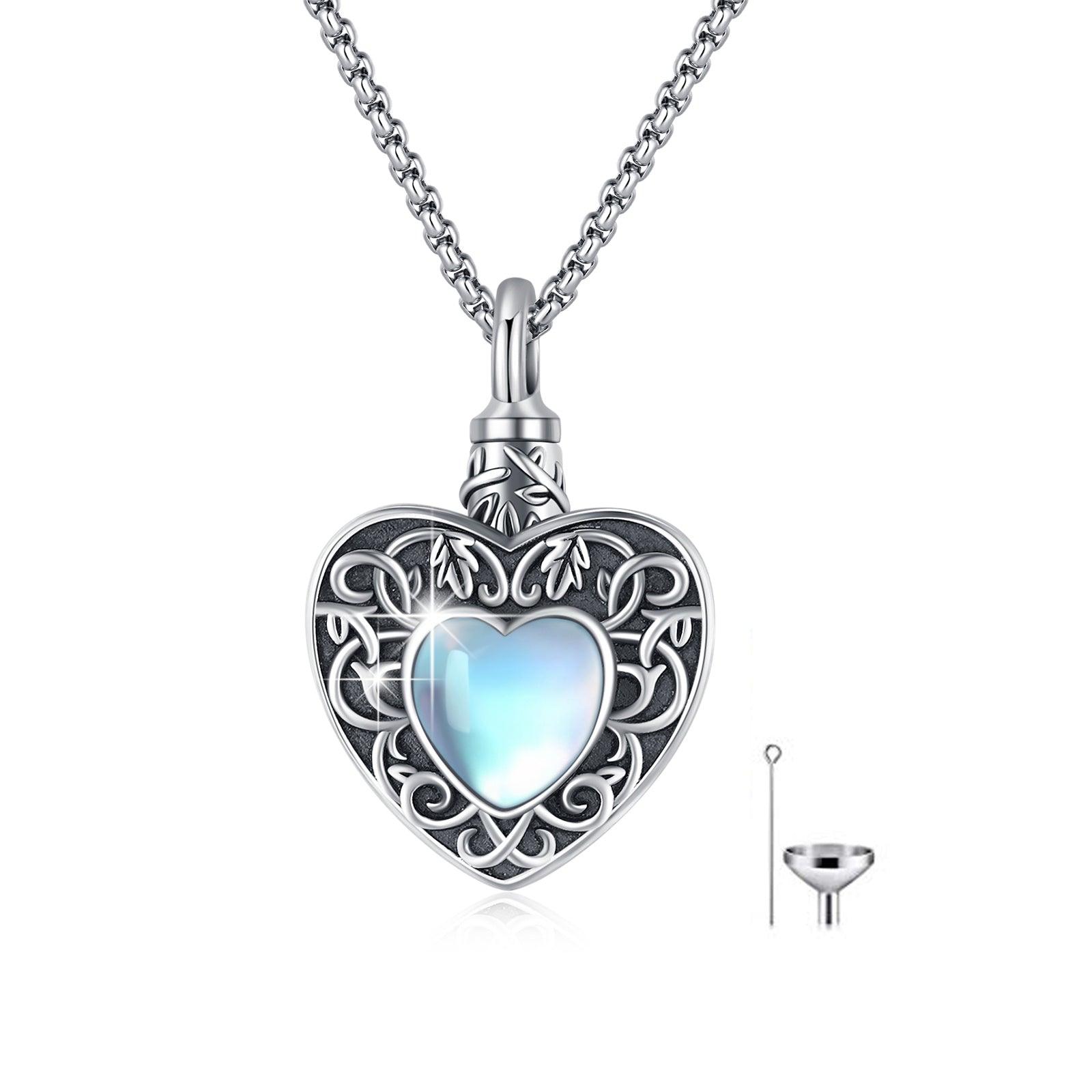 Heart Urn Necklace 925 Silver Moonstone Ashes Necklace Cremation Jewelry - Nioor