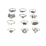 Retro Alloy Set Leaf Fox Elephant Ring 12-piece Set - Nioor