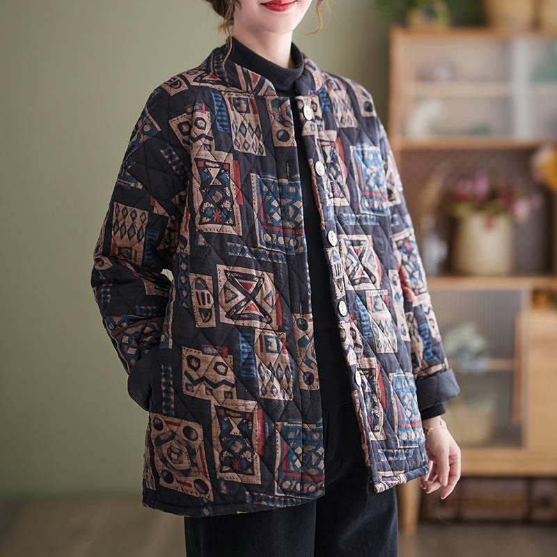 Ethnic Style Vintage Printed Quilted Stand Collar Jacket Winter Thick Cotton Coat - Nioor