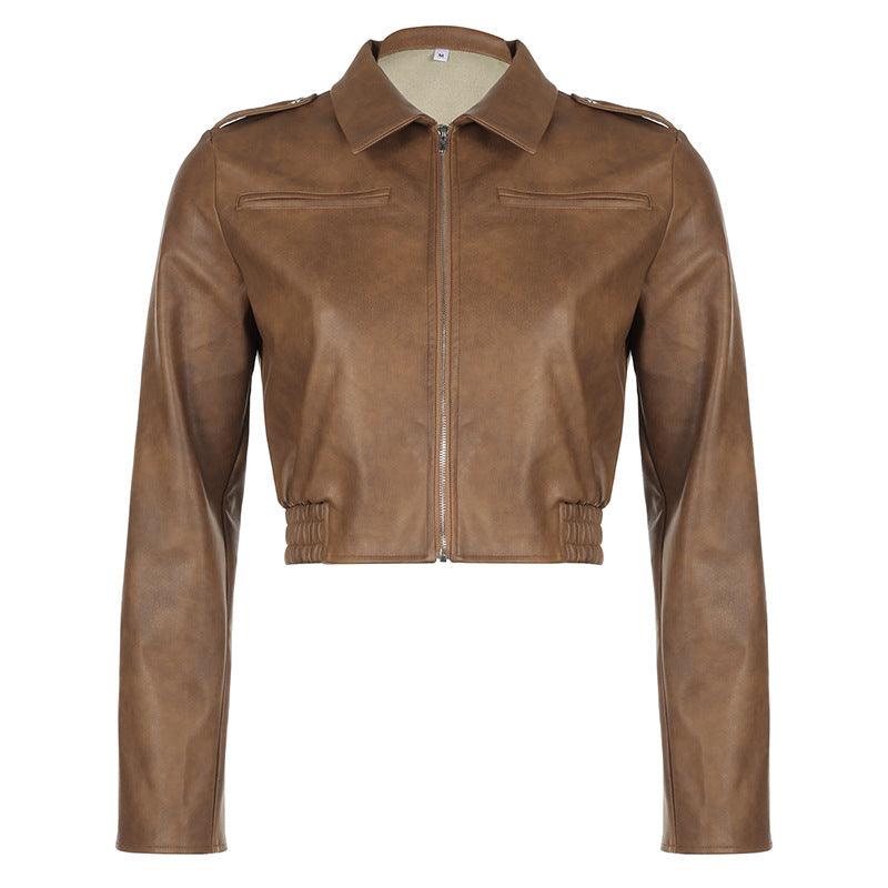 Women's Retro Hong Kong Style Lapel Long-sleeved Leather Jacket - Nioor