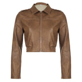 Women's Retro Hong Kong Style Lapel Long-sleeved Leather Jacket - Nioor