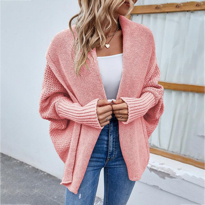 New Loose Knitted Sweater Solid Color Bat Sleeve Large Lapel Cardigan Autumn And Winter Fashion Jacket For Women Clothing - Nioor